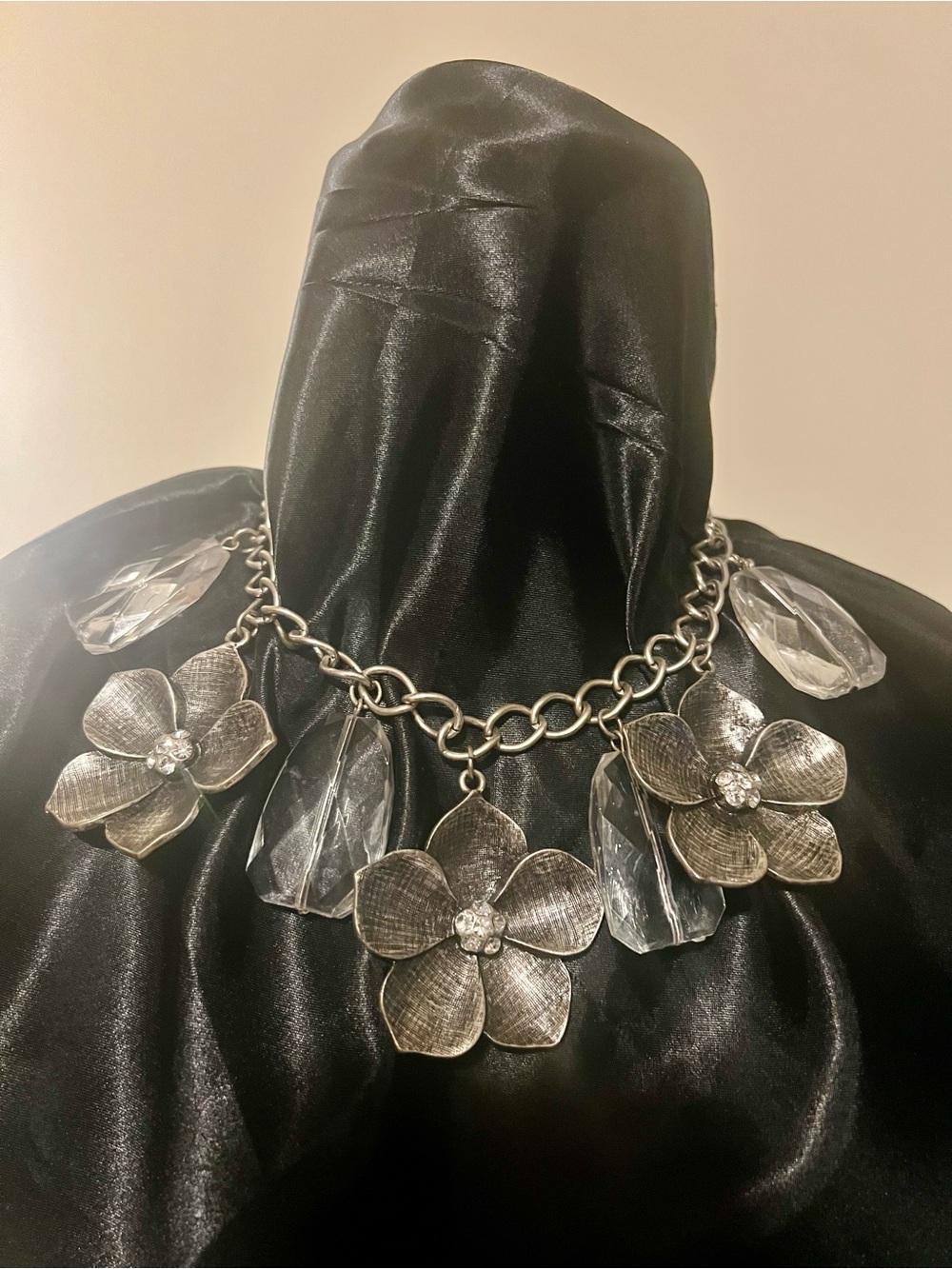 Silver Floral Statement Necklace with Clear Crystal Accents & Clear Drop Earring